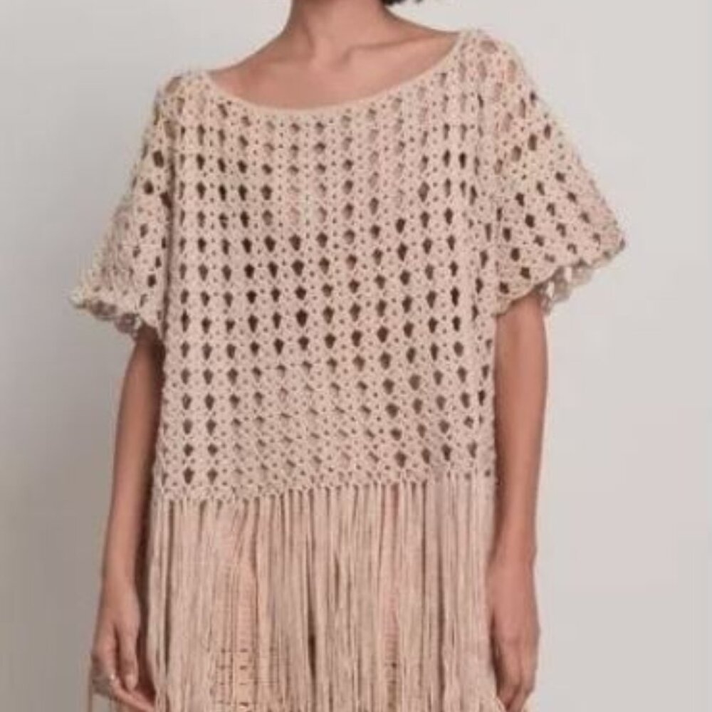 Eleven Six Olivia Ecru Crochet Open Knit Fringe Top - Size XL/XXL